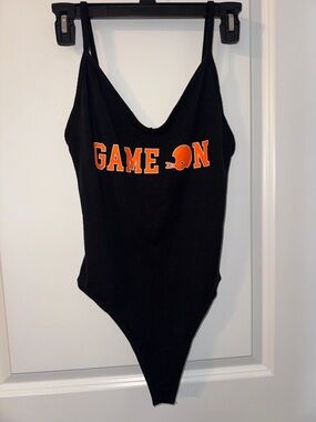 PINK Victoria's Secret Black 'GAME ON' Graphic Bodysuit with Orange Print
